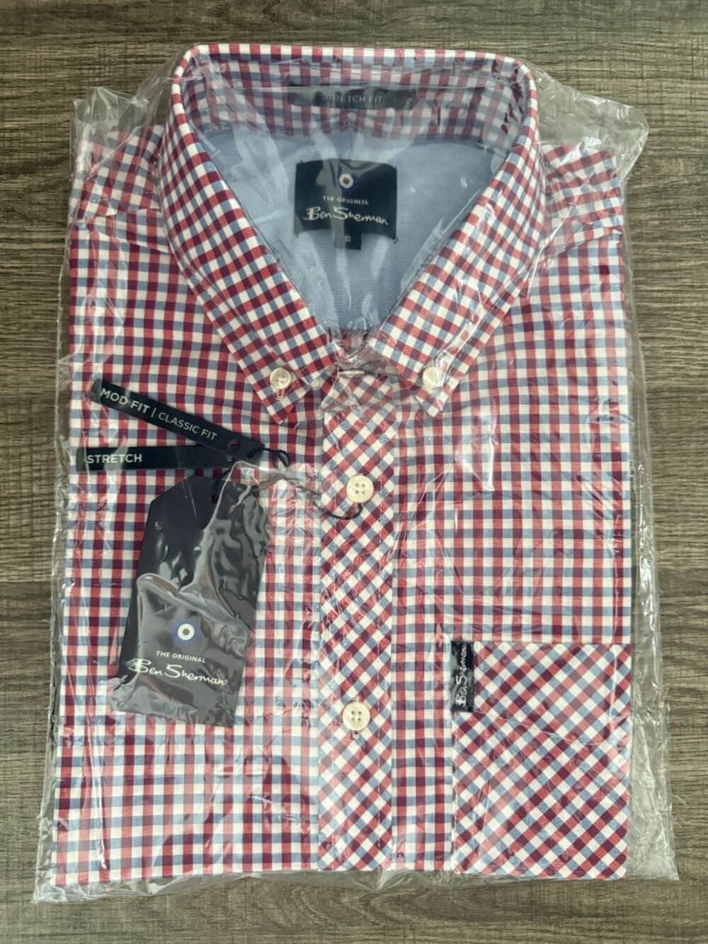 Ben Sherman Mens Red Blue Checkered Gingham 100% Cotton Stretch Fit Shirt Small